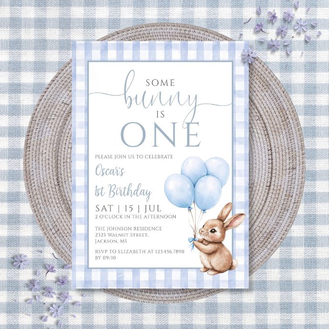 Convite Some Bunny Is One Blue Balloons 1st Birthday Party (Some Bunny Is One Blue Balloons 1st Birthday Party Invitation)