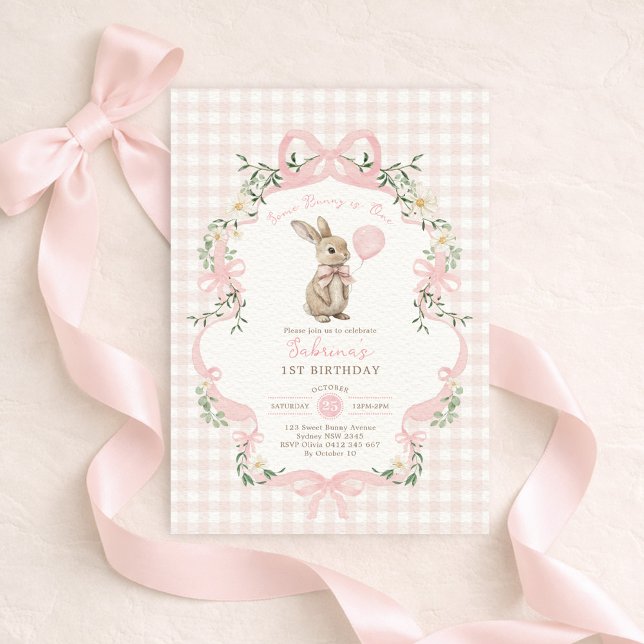 Convite Some Bunny is One Pink Bow Gingham 1st Birthday (Criador carregado)