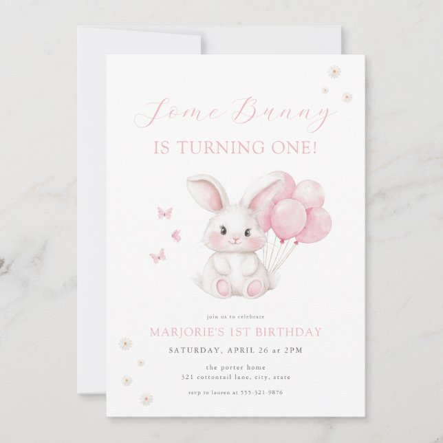 Convite Some Bunny Spring Girl Pink Bunny First Birthday (Frente)