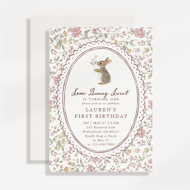 Convite Some Bunny Sweet Floral Bunny First Birthday  (Criador carregado)