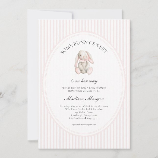 Convite Some Bunny Sweet Pink Girl Baby Shower  (Frente)