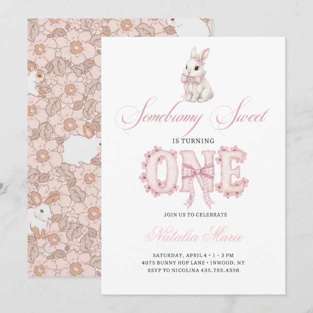 Convite Somebunny Sweet 1st Birthday Spring Floral Invitat (Frente/Verso)