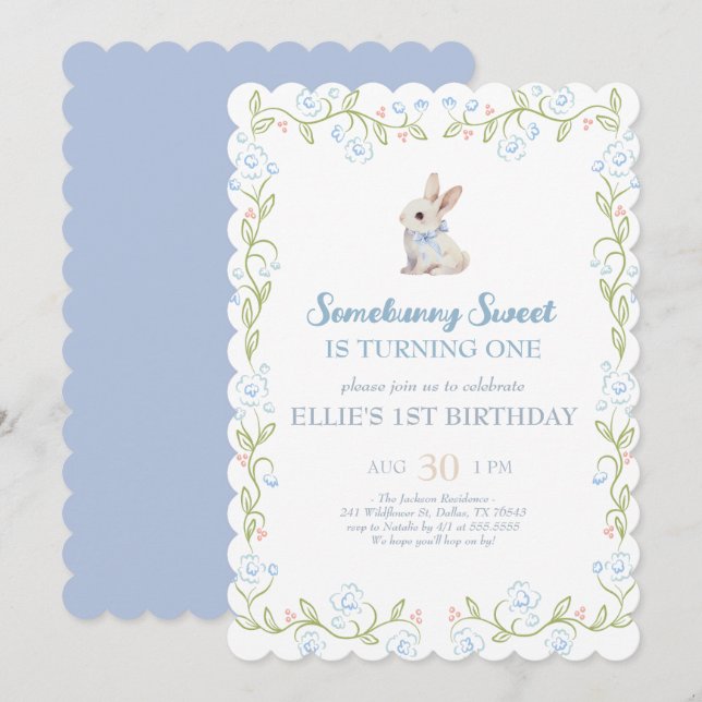Convite Somebunny Sweet Bunny 1st Birthday Spring Floral I (Frente/Verso)