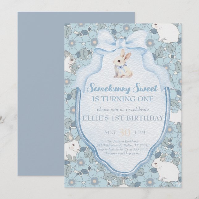 Convite Somebunny Sweet Bunny 1st Birthday Spring Floral I (Frente/Verso)
