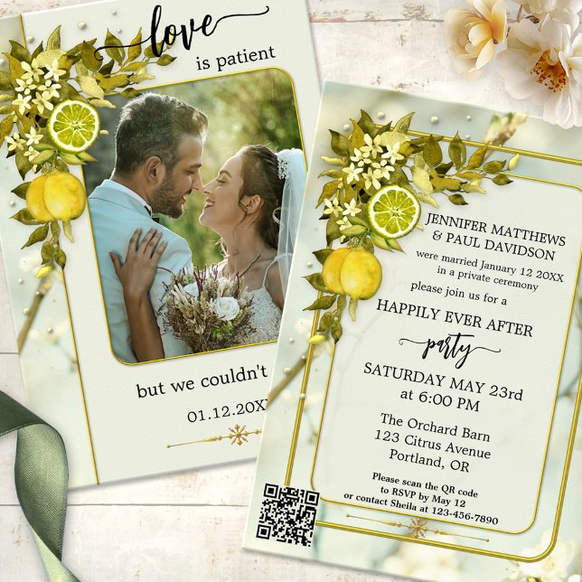 Convite Somente Recepção de casamento de Foto do Watercolo (Happily ever after wedding party invitation featuring watercolor citrus fruits on blossoming leaves )