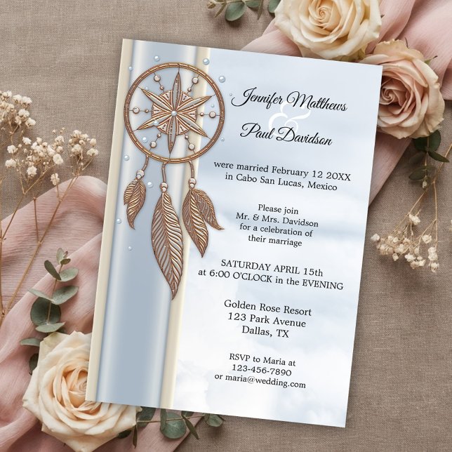 Convite Somente Recepção de casamento do Dreamcatcher Azul (After wedding invitation featuring a dusty blue design with a rose gold dreamcatcher)