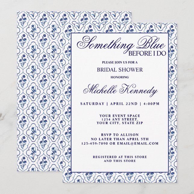 Convite Something Blue Before I Do Floral Bridal Shower  (Frente/Verso)
