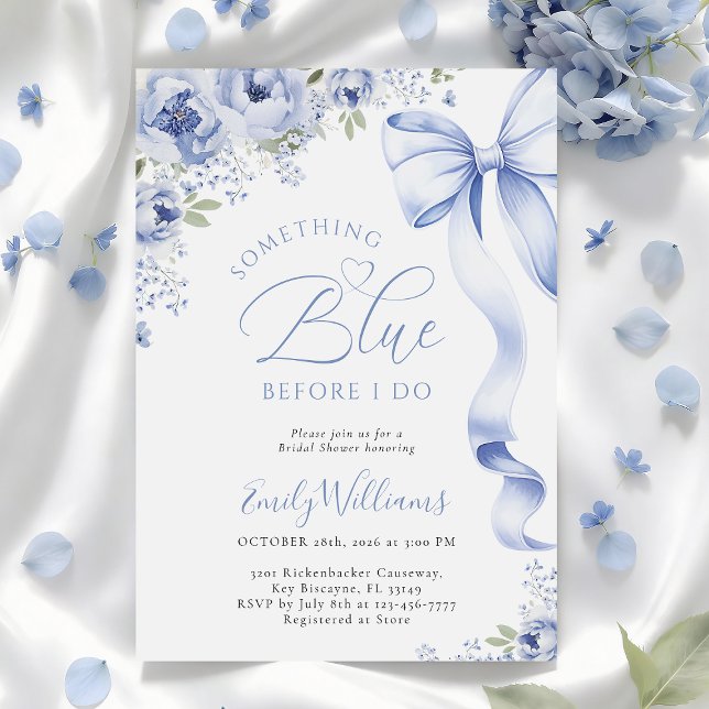 Convite Something Blue Bow Floral Bridal Shower Invitation (Criador carregado)