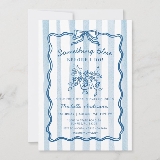 Convite Something Blue Bow Stripe Bridal Shower Invitation (Frente)