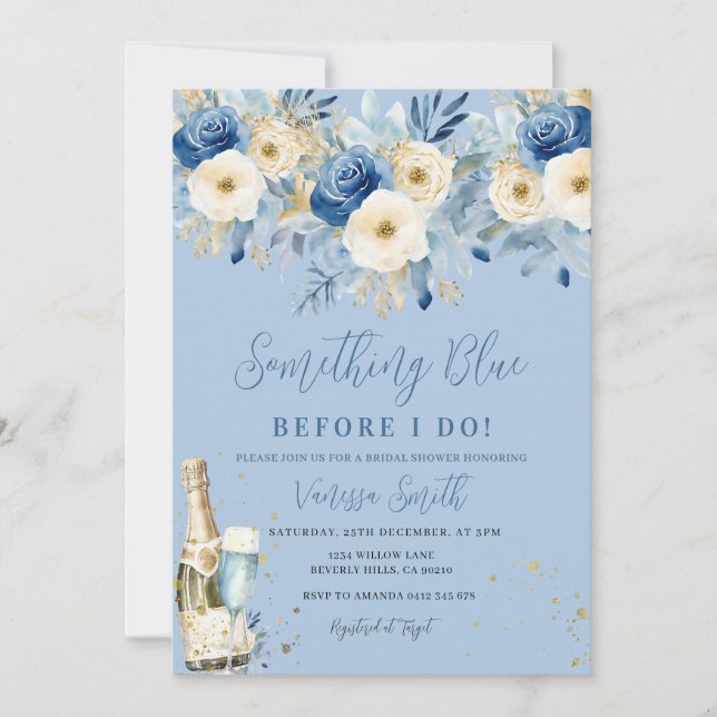 Convite Something Blue Floral Bridal Shower  (Frente)