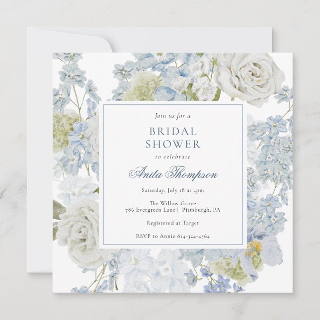 Convite Something Blue Floral Ribbon Bridal Shower (Frente)