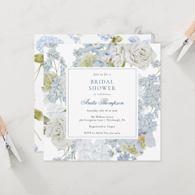Convite Something Blue Floral Ribbon Bridal Shower (Frente/Verso In Situ)