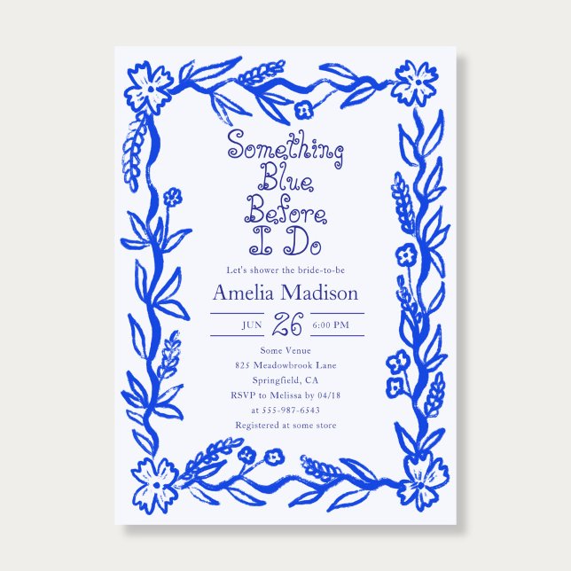 Convite Something Blue Hand Drawn Flower Bridal Shower (Criador carregado)