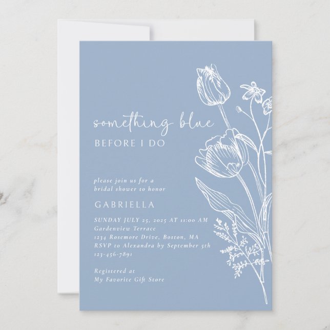 Convite Something Blue Line Art Floral Bridal Shower (Frente)