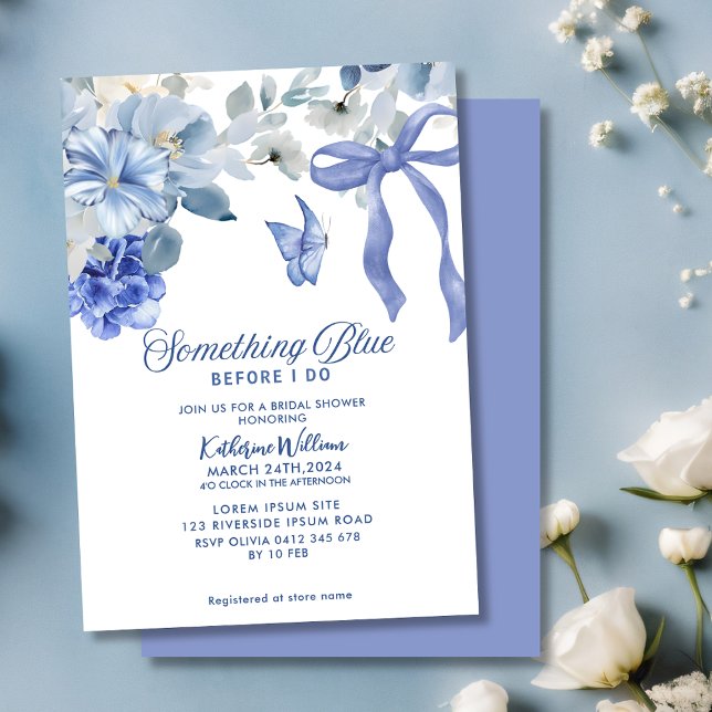 Convite Something Blue White Floral Bow Bridal Shower (Criador carregado)