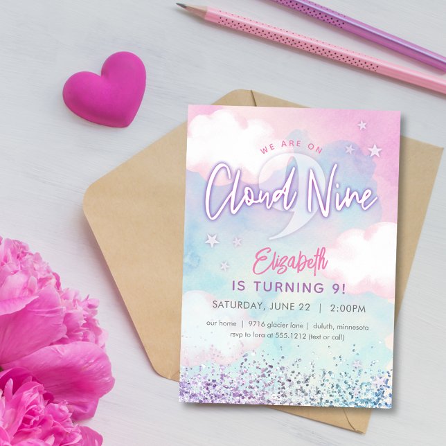 Convite Sonhadora Feminina Na Nona Nuvem Aniversário de 9  (Criador carregado)
