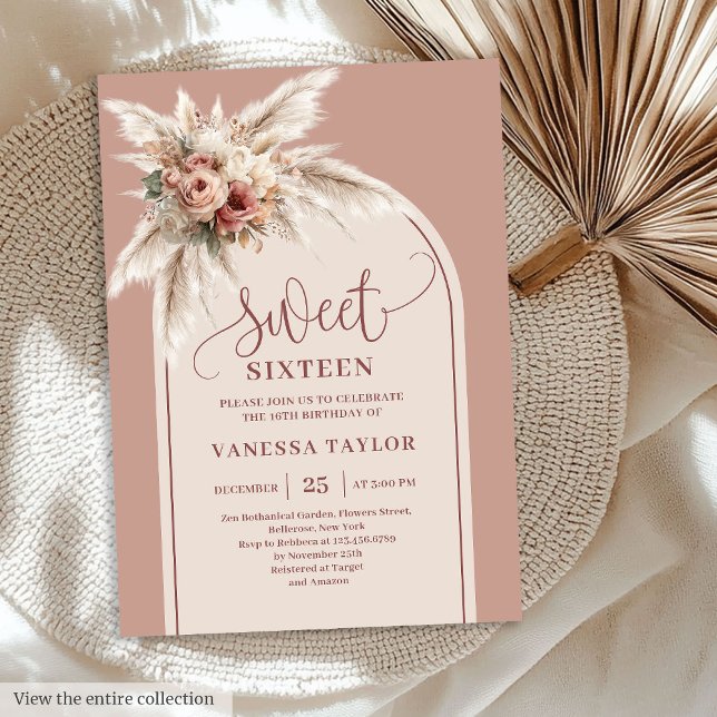 Convite Sonho Boho Arco Rosa Po dusty Floral Dezesseis (Dreamy Boho Arch Dusty Rose Pampas Floral Sixteen)