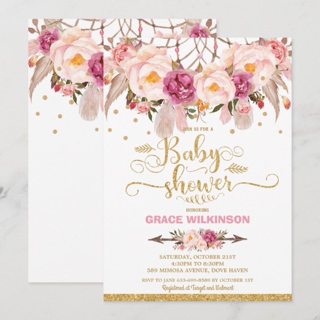 Convite Sonho Boho Floral Bebê Menina Chamada Shower (Frente/Verso)