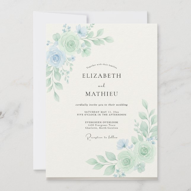 Convite Sonho Botânico de Casamento Azul Pó (Frente)