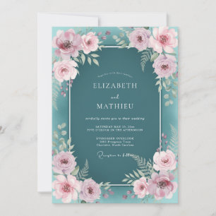 Convite Sonho Botânico de Casamento em Azul Teal Escuro