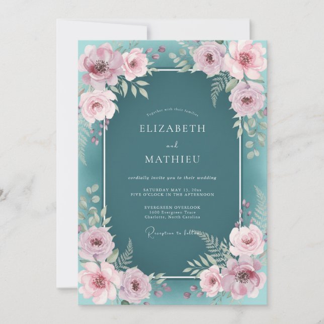 Convite Sonho Botânico de Casamento em Azul Teal Escuro (Frente)