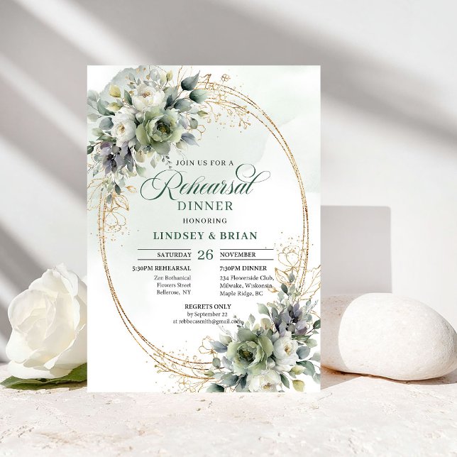 Convite Sonho Botânico Jantar de Ensaios Verde Branco Dour (Dreamy Botanical Rehearsal Dinner Green White Gold)