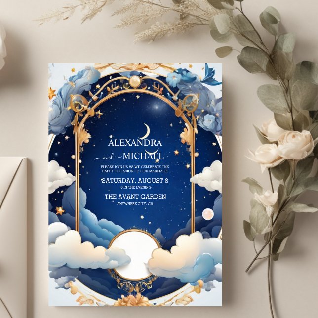 Convite Sonho Celestial de Casamento Noturno de Verão Azul (Criador carregado)