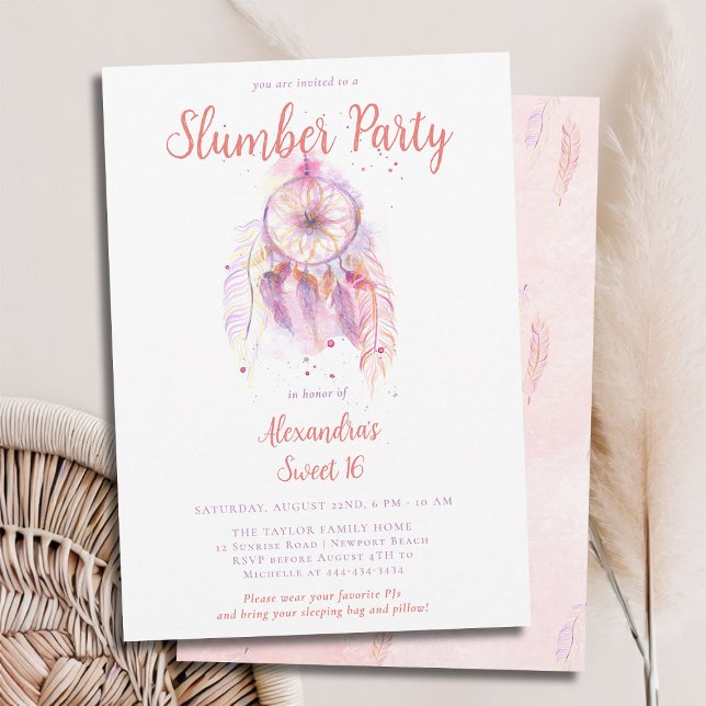 Convite Sonho Cor-de-rosa Desmoronamento do Partido PJ Doc (sweet 16 slumber party invitation birthday pj sleep over dreamcatcher pink orange watercolor feather)