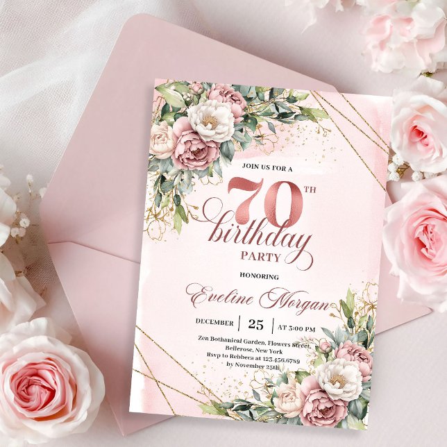 Convite Sonho Cor-de-Rosa Floral Verdura 70º Aniversário (Dreamy Rose Gold Floral Greenery 70th Birthday Invitation)