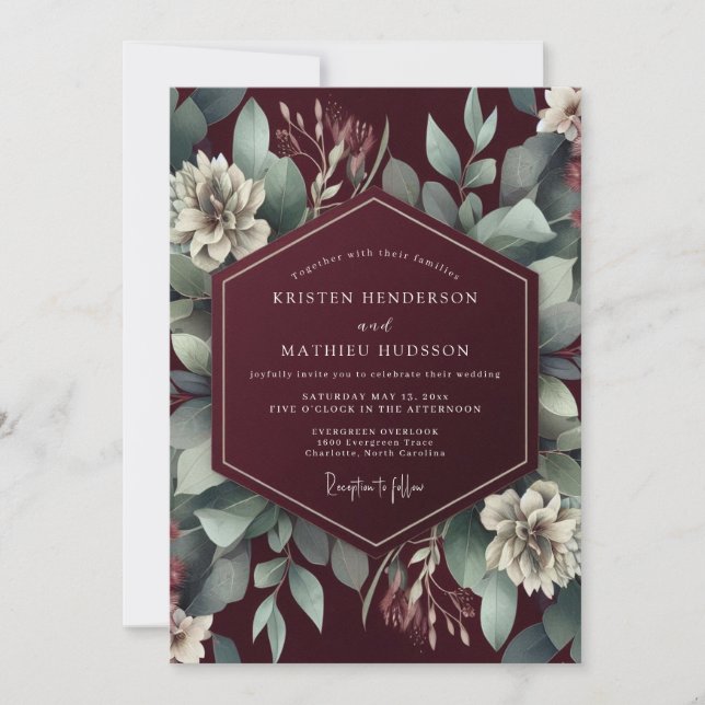 Convite Sonho de Casamento Botânico Verdejante Borgonha (Frente)