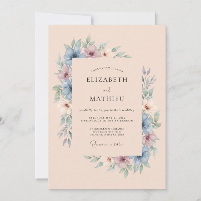 Convite Sonho de Casamento com Wistéria Azul Empoeirada (Frente)