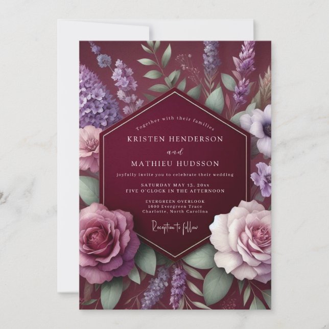 Convite Sonho de Casamento Floral Luxuriante Borgonha (Frente)