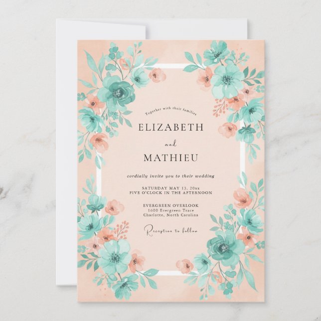 Convite Sonho de Casamento Floral Turquesa Pêssego (Frente)