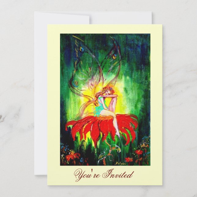 Convite SONHO DE FADA NUMA FLOR VERMELHA dourado amarelo v (Frente)