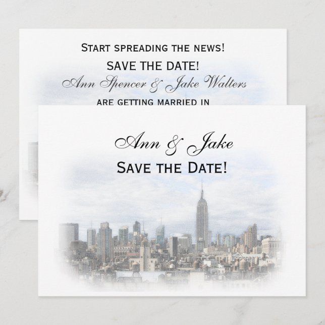 Convite Sonho Dk Cinza NYC Skyline Salvar a Data H (Frente/Verso)