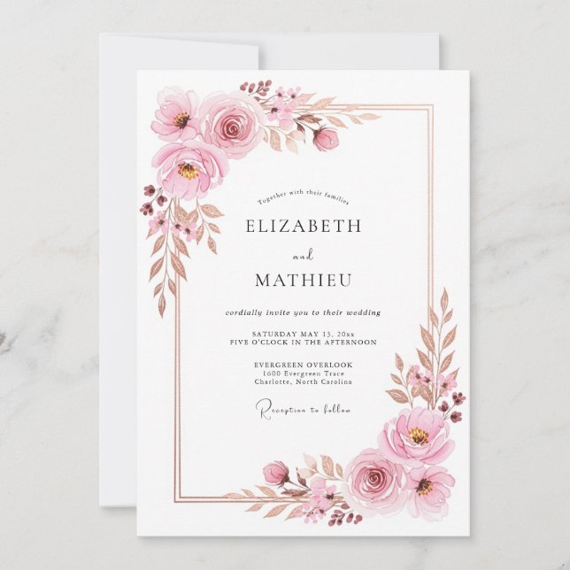 Convite Sonho Floral Cor-de-Rosa de Casamento (Frente)