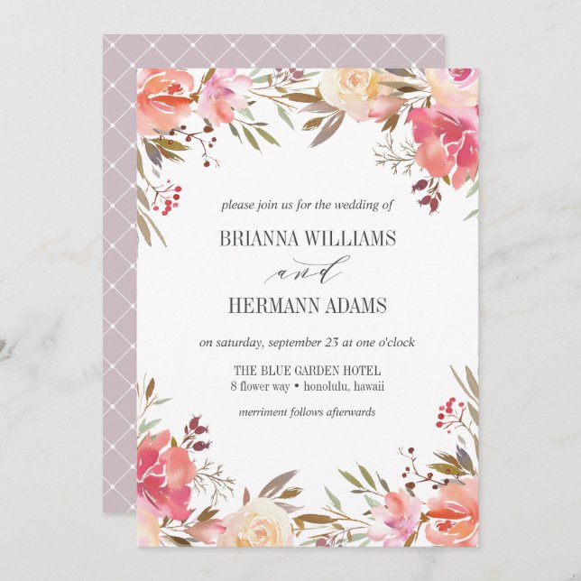 Convite Sonho Rosa | Casamento Boho Chic Flowers (Frente/Verso)