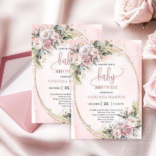 Convite Sonho Rosa Dourado Flores Verde Menina Chá de Bebê