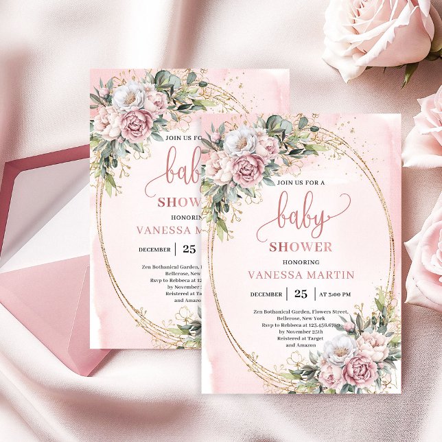 Convite Sonho Rosa Dourado Flores Verde Menina Chá de Bebê (Dreamy Rose Gold Flowers Greenery Girl Baby Shower)