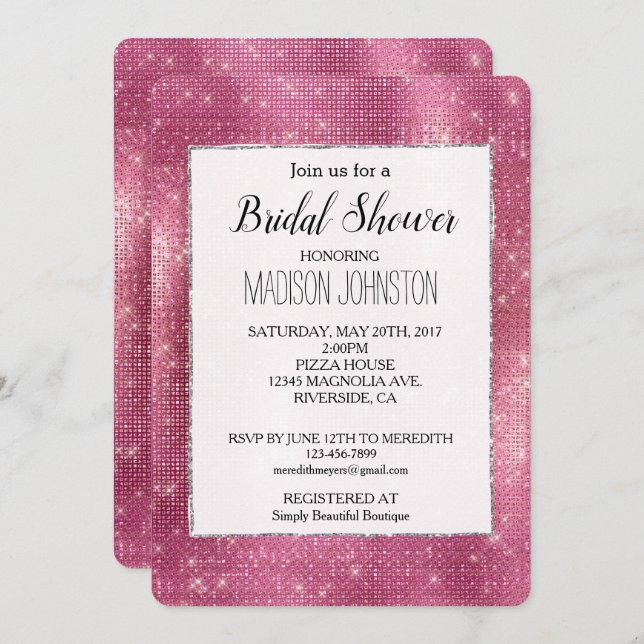 Convite Sonho Rosa Glitzy Silver Sparkle Bridal (Frente/Verso)