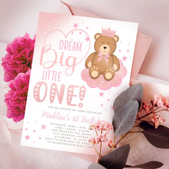 Convite Sonho Rosa Grande Um Urso Sonolento Aniversário (Criador carregado)