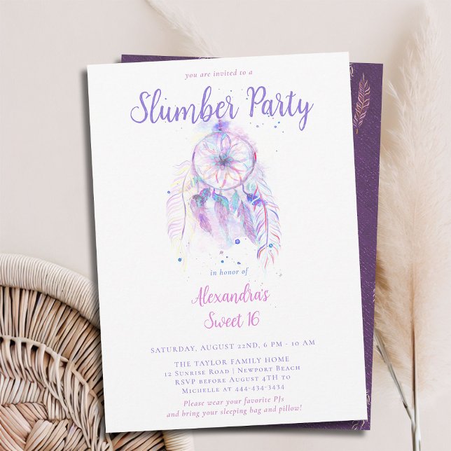 Convite Sonho Roxo - Desmoronador - Partido PJ Sweet 16 (sweet 16 slumber party invitation birthday pj sleep over dreamcatcher pink purple watercolor feather)