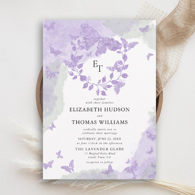 Convite Sonho Verde de Lavanda Borboleta Casamento de Euca (butterfly wedding invitation lavender purple green eucalyptus crest elegant modern romantic)