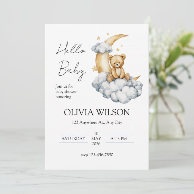 Convite Sonhos Doces Ursinho de Pelúcia na Lua (Em pé/Frente)