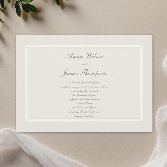 Convite Sonhos Ecru Simples Elegantes Casamento Tradiciona (formal wedding invitation traditional modern classic calligraphy ecru double frame ballroom )
