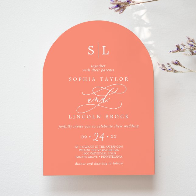 Convite Sophia Arch Bright Coral Peach Sunset Wedset (SOPHIA Arch Bright Coral Peach Sunset Wedding Invitation)