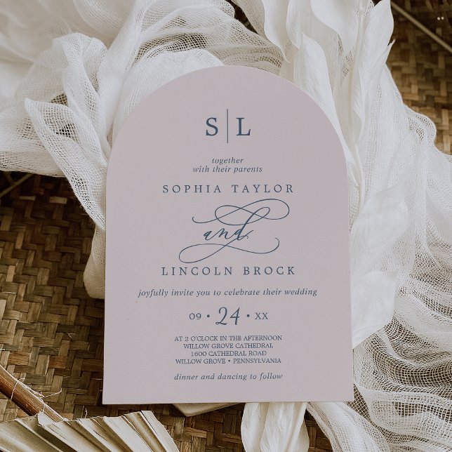 Convite Sophia Arch Monograma Rosa Blush e Casamento de Ma (SOPHIA Arch Monogram Pink Blush and Navy Wedding Invitation)