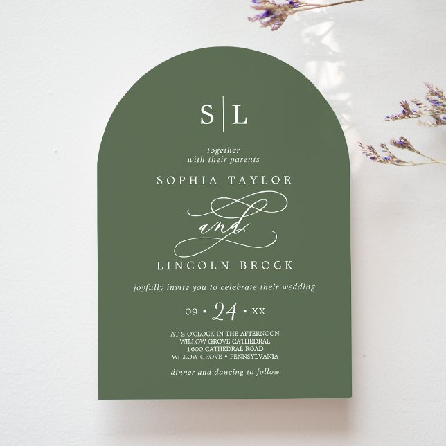 Convite Sophia Arch Monograma Woodland Casamento Verde (SOPHIA Arch Monogram Woodland Olive Green Wedding Invitation)