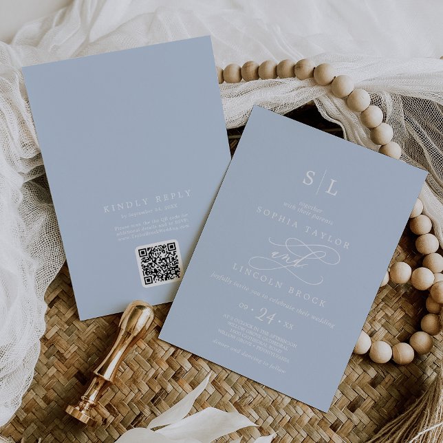 Convite SOPHIA Modern Baby Blue All In One Weding (SOPHIA QR Code Modern Baby Blue All In One Wedding Invitation)