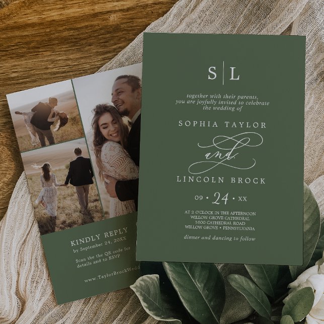Convite SOPHIA QR 3 Photo Olive Green - Tudo Em Um Casamen (SOPHIA QR 3 Photo Olive Green All In One Wedding Invitation)